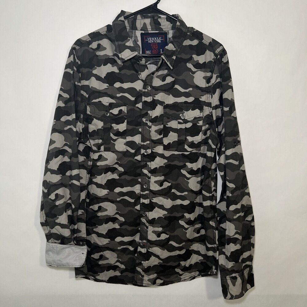 VII 7 Souls New York Button Up Shirt Mens Size L Large Army Camo Flip Cuff Slim